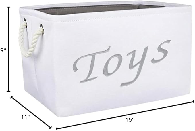 Embroidered Tote Bin - Storage Basket for Nursery - Large Storage Box - Organizing Bedroom, Closet, Classroom (White Toys Basket)