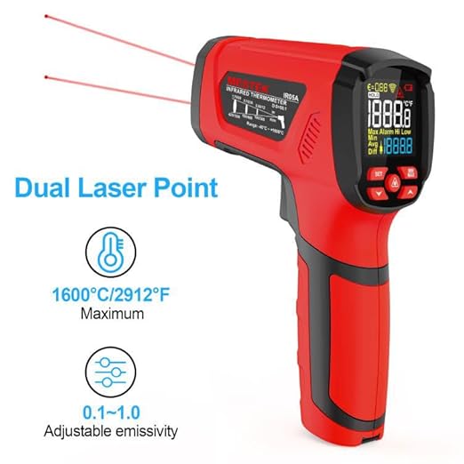 -40℉~2912℉ MESTEK Infrared Thermometer Temperature Gun,50:1 Dual Laser High Temp Thermometer with Thermocouple Probe, Non-Contact Industrial Pyrometer for Engine, Kiln, Forging,Humidity Measurement