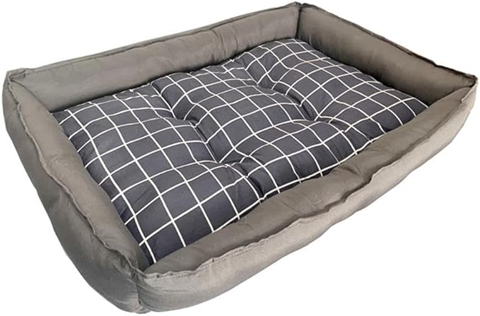 Pemberly Row Grey Fabric Checker Dog Bed, Polyester Synthetic Fibers, Gray with White Lines, Soft and Comfy Small Pet Bed, Anti-Leak Bottom, Lightweight Travel-Friendly Design