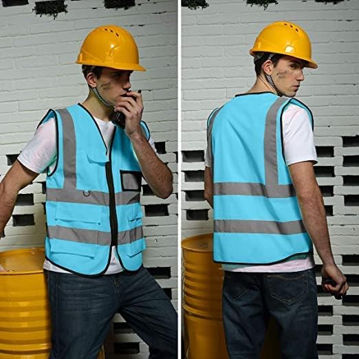 BeautyWill 10 Pack Safety Vest Custom Logo Class2 High Visibility Reflective Vest with 5 Pockets Construction Security Work Vest ANSI/ISEA Standards(Blue,3XL )