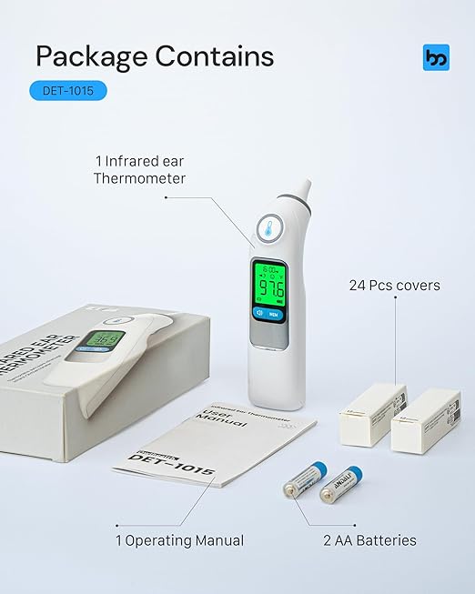 Ear Thermometer, Highly Accurate Ear Thermometer for Kids, Adults and Babies, 30 Memory Recall, 1s Result and 3-Color Fever Alert, with 24 Disposable Probe Covers, White