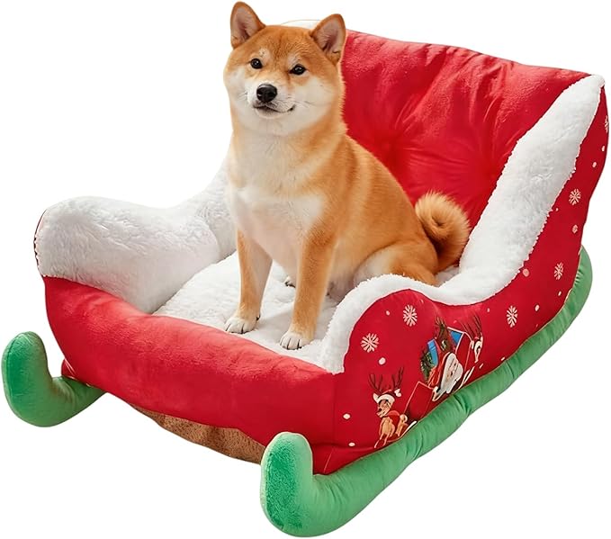 Christmas Dog - Bed Plush Sleigh Pet Bed with Anti-Slip Bottom for Cozy Comfort, Indoor Outdoor Puppy Cushion for Bedroom Living Room Home Winter Balcony Gathering Holiday Pet Furniture Accessories