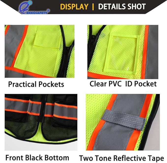 Reflective Mesh Safety Vest for Men Women with 5 Pockets and Zipper Front High Visibility Mesh Vest Hi Vis Construction Work Vest,Meets ANSI/ISEA Standards(EK175-Yellowblack-M)