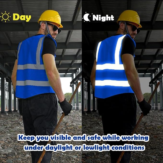 BeautyWill 5 Pack Mesh Safety Vest Custom Logo Class2 High Visibility Reflective Vest with 5 Pockets Construction Security Work Vest ANSI/ISEA Standards(Blue,3XL )