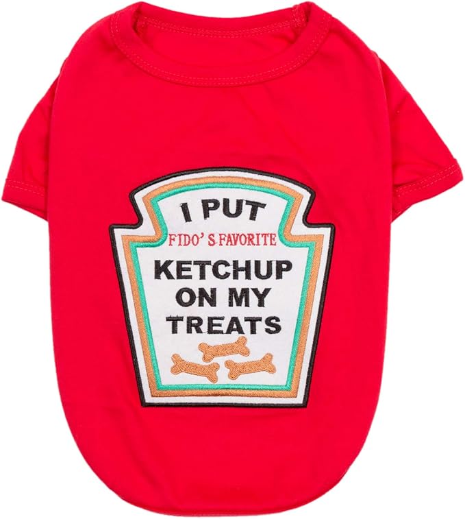 Parisian Pet Dog Shirt - Embroidered “I Put Ketchup on My Treats“ - 100% Cotton and Polyester Dog Clothes - Sleeved, Lightweight Costume for Dogs - Red Dog Shirts for Small Dogs - Pet Costumes - S