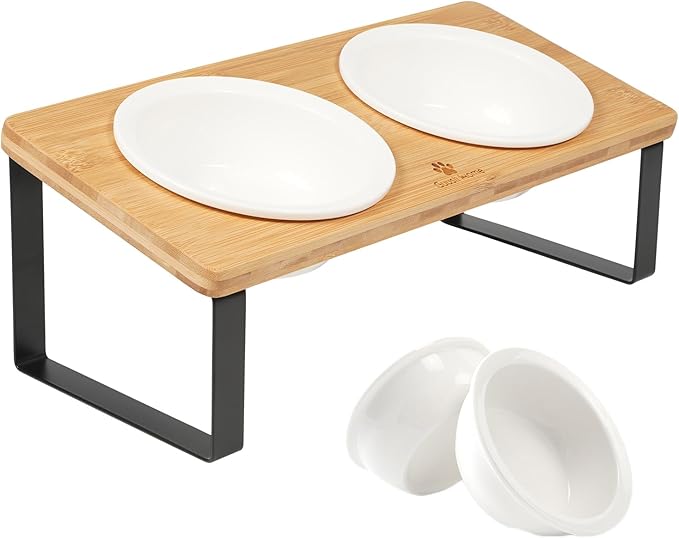 Sunhoo Elevated Cat Bowls for Indoor Cats Ceramic Kitty Dish Food Water Raised Tilted Puppy Feeding Sation with 4 Dishes Wooden Stand Pet Feeder Metal Legs Orthopedic Reduces Vomiting(Yellow)