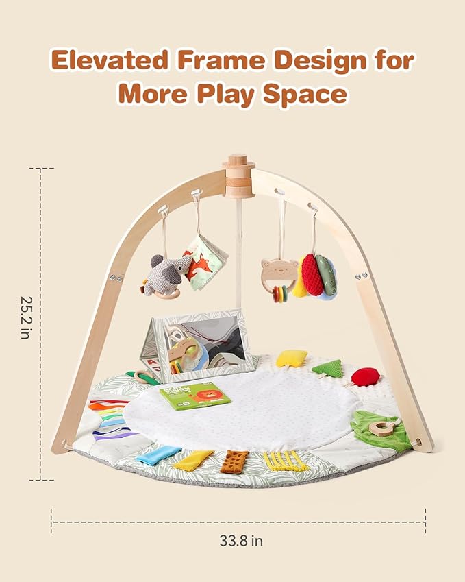 Wooden Baby Play Gym & Tummy Time Playmat – Montessori Sensory Activity Mat with 6 Developmental Toys for Fine Motor Skills – for Newborns to Toddlers (0–12M+)