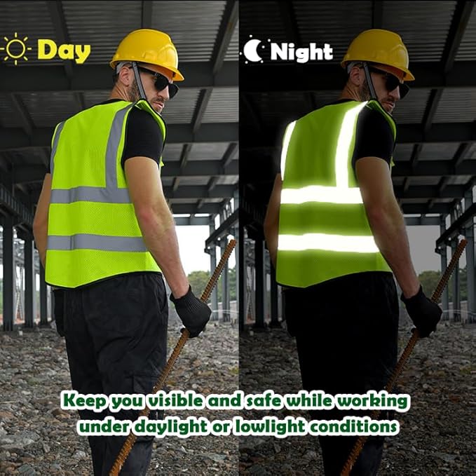 BeautyWill 5 Pack Custom Logo Mesh Safety Vest Class2 High Visibility Reflective Vest with 5 Pockets Construction Security Work Vest ANSI/ISEA Standards(Yellow,4XL )