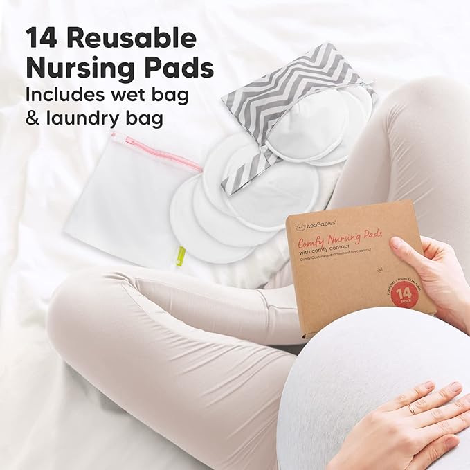 Organic Nursing Pads - 14 Washable Viscose Derived from Bamboo Breastfeeding Pads, Wash Bag, Reusable Breast Pads for Breastfeeding, Nipple Pads for Breastfeeding Essentials(Soft White, L 4.8")