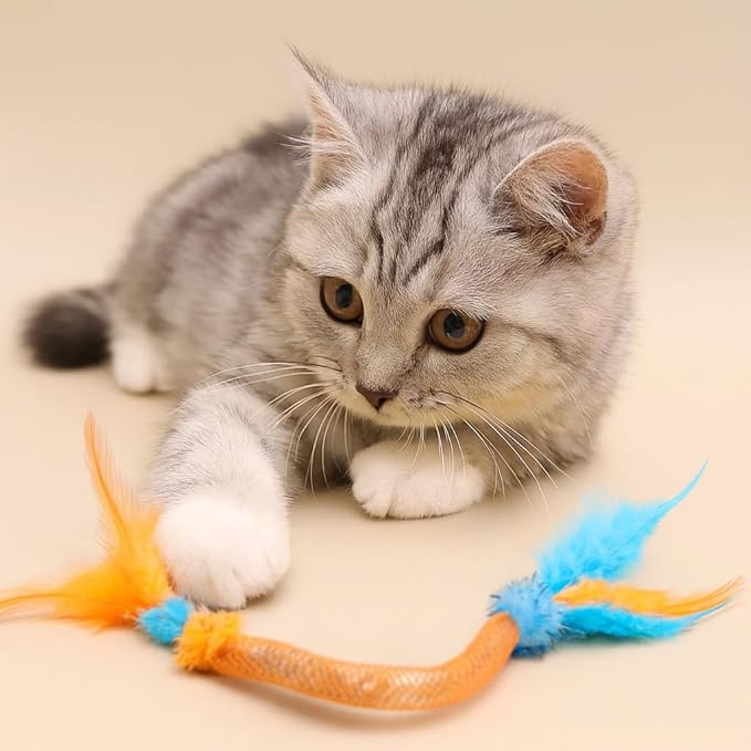 Cat Toys for Indoor Cats with Catnip โ 3 Pack Feather Elastic Mesh Chew with Pom-Pom Cat Toys, 19.5 Inch Durable Kitten Teething Cat Toy Bundle with Bells