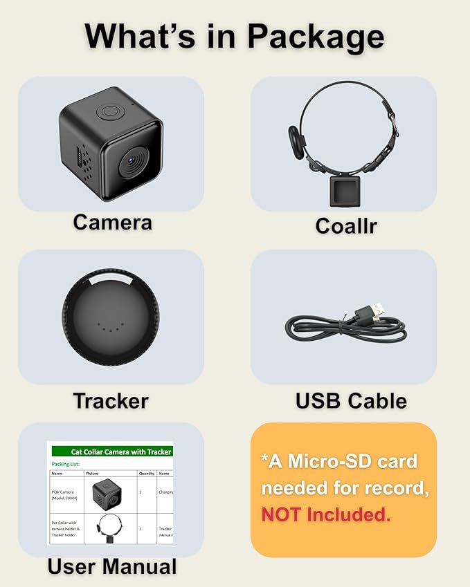 Cat Camera Collar with Tracker Tag, 1080P HD Video Recording Pet POV Cam, NO WiFi NO APP, Body Camera for Cat/Dog Tracking β Lightweight, Night Vision, Easy Playback