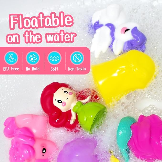 No Hole Bath Toys for Kids Ages 1-3, 8 Pcs Girl Bath Toys with Storage and Net, Sealed & Squeezable & Float on Water