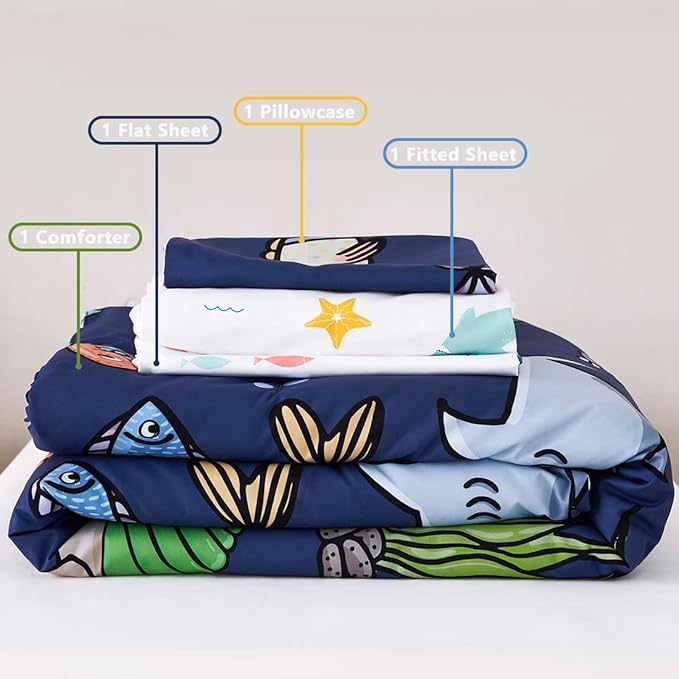 PERFEMET Kids Comforter Sets Boys Full Size-5 Piece Bed in A Bag Navy Blue Ocean Themed Comforter-Soft Reversible Cartoon Fish Shark Bedding Set for Girls Teens(Navy Blue, Ocean)