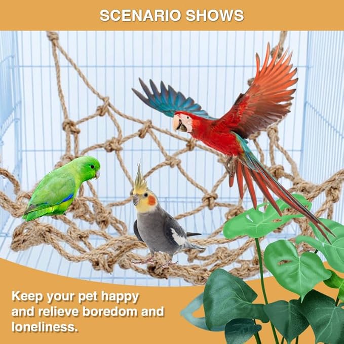 2 Packs Natural Bird Rope Net Parrot Swing Hammock for Birds Parrot Ladder Macaw Hanging Hammock Activity Toy for Rats Parakeet Cockatiel Cockatoo Conure African Grey Budgie(M 14x11inch)