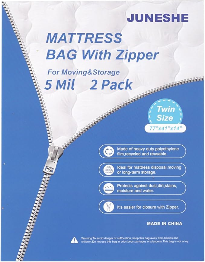 2 Pack Twin Mattress Bags for Moving and Storage-5 Mil Zipper Plastic Waterproof Mattress Storage Bags