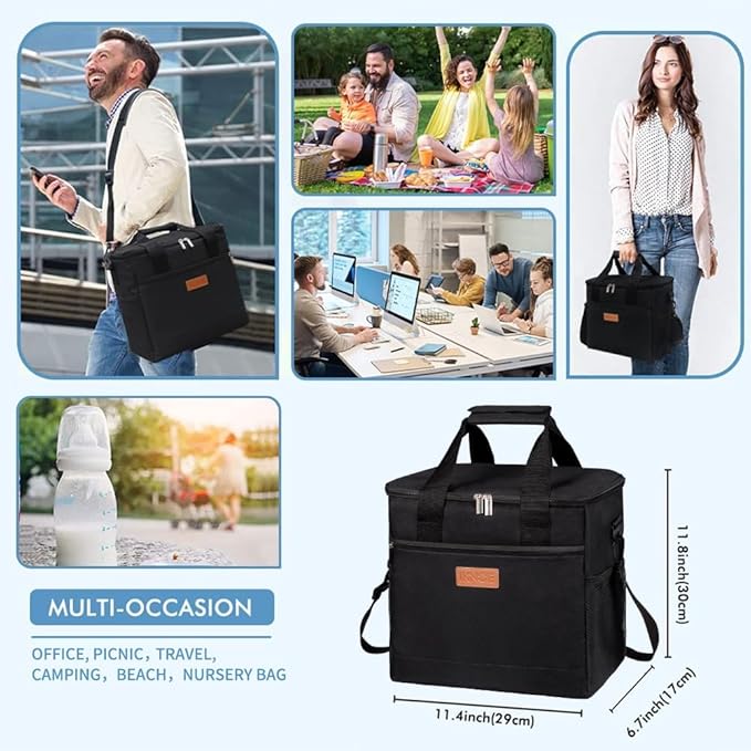 Iknoe Large Cooler Bag Collapsible 24 Can Insulated Bags Leakproof Lunch Cooler Tote with Multi-Pockets for Adult Insulated Thermal Bag for Beach, Picnic, Office Work (New Black)
