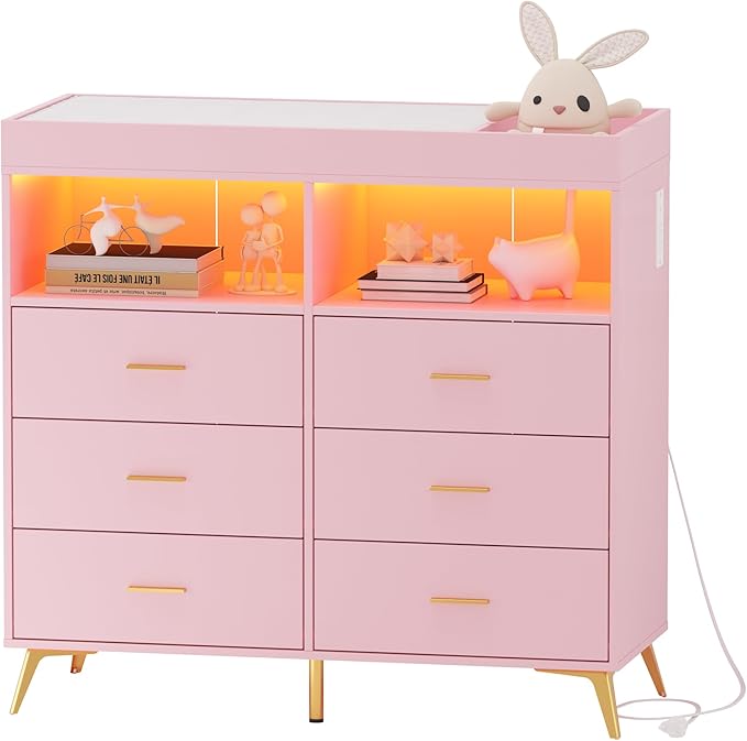 GarveeHome Dresser for Bedroom with 6 Drawers, Baby Changing Table Dresser with Changing Pad, LED Lights & Charging Station, Baby Changing Station with Changing Table Top, Pink