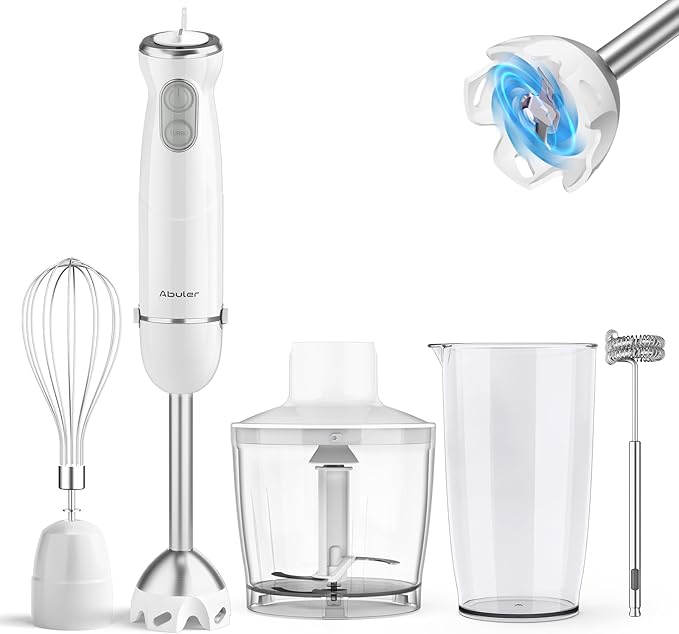 Immersion Blender Handheld 5 in 1 Hand Blender, 1000W Hand Mixer Stick, BPA-Free 12 Speed Handheld Blender with Mixing Beaker, Chopper, Whisk and Milk Frother for Soup, Sauce, Baby Food (White)