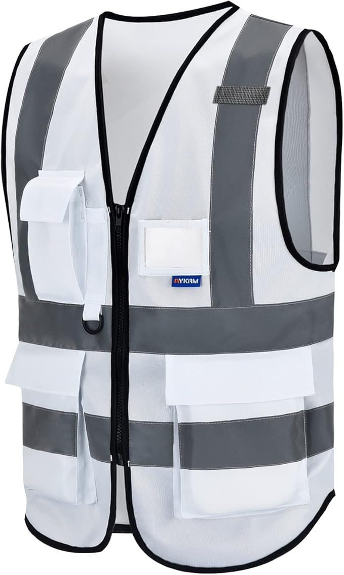A-SAFETY Hi Reflective Safety Vest,Hi Vis Bright Neon Colors Safety Vest with 4 Reflective Strips 7 Pockets(White XXL)