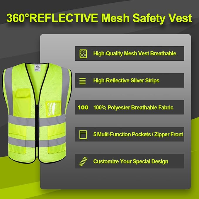 Mesh Safety Vest Custom Logo Class 2 High Visibility Reflective Vest with Pockets Construction Security Work Vest(Yellow,M)