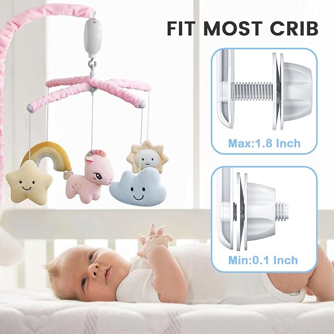 Feisike Crib Mobile for Girls - Baby Mobile for Crib with 35 Lullabies, 3 Modes Digital Musical Box(Turn Only, Music Only, Turn & Music, Pink, Nursery Toys, Nursery Decor, Knob Type