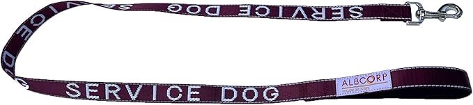Albcorp Service Dog Leash - Embroidered- with Padded Neoprene Handle and Reflective Threads, 4 Feet, for Harnesses, Vests or Collars, Maroon