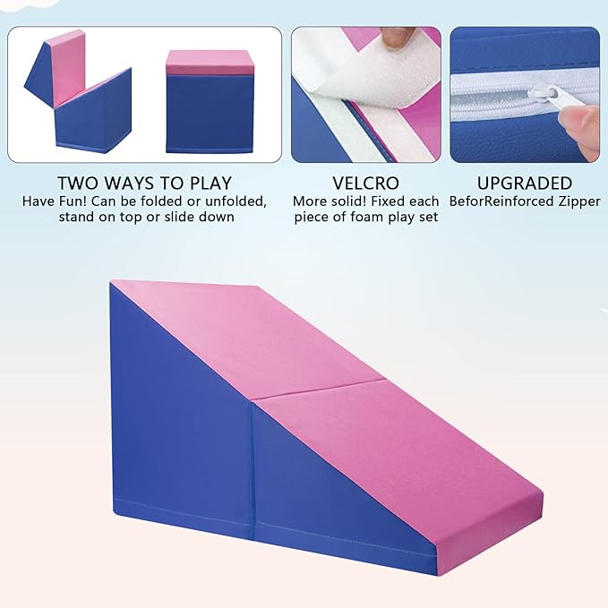 SURPCOS Crawl and Climb Foam Play Set, 6 Pcs Climbing Toys for Toddlers 1-3, Climb and Crawl Activity Playset, Soft Play Equipment Crawling and Sliding (Blue&Pink) 6 peices