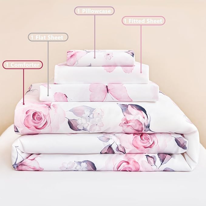 PERFEMET Floral Toddler Bedding 4-Piece Pink Flower Toddler Girls Comforter with Sheet Set Reversible Butterfly Crib Bed Sets-Comforter, Fitted Sheet,Flat Sheet,Pillowcase