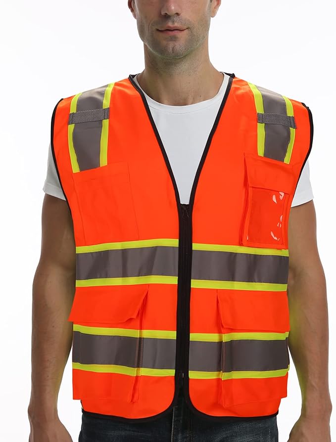 9 Pockets High visibility Class 2 Safety Vest,Hi Vis Vest with 2 inch wide Reflective Strips security vest with Zipper construction work vest for men &women Orange,XL