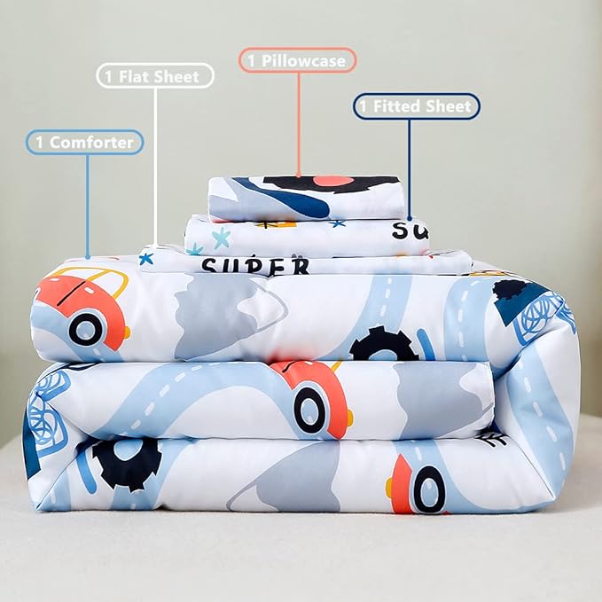 PERFEMET 5-Piece Kids Comforter Full Size Set Reversible Trucks Cars Bedding Comforter Set for Boys Girls Ultra Soft Lightweight Blue White Boy Bed in a Bag for All Season(Cars, Full)