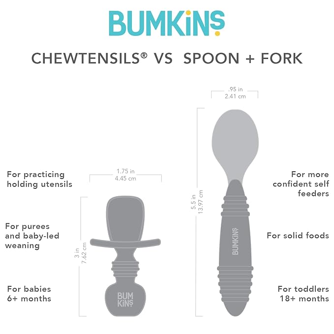 Bumkins Baby Utensils Set, Chewtensils Silicone Spoons for Dipping, Self-Feeding, Baby Led Weaning, Trainer Learning, First Stage Eating, Soft Practice Fork and Spoon, Babies 6 Months, Clay