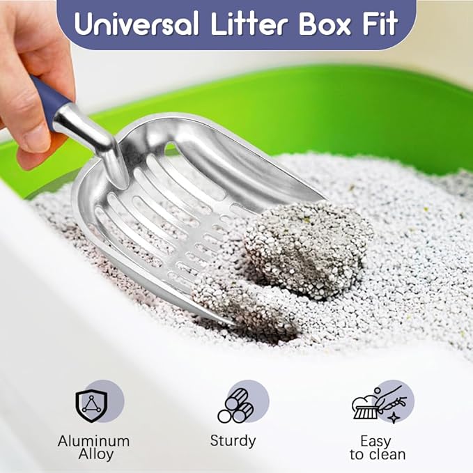 Cat Litter Scoop, Metal Cat Scooper, Plastic Handle Scoop, Sifting Shovel of Christmasâ Heavy Duty Aluminum Alloy Litter Box Scoop with Deep Mesh, Design for Easy Waste Removal and Cleaning(Dark Blue)