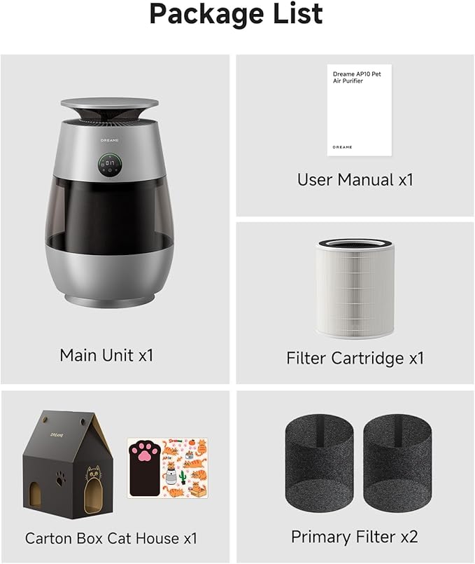 Dreame Pet Air Purifier, Cleans 5,386 ft² in One Hour, 1,346 ft² for Home Large Room, NeverChange 5.4-Year Filters for Odor Purification, 360° Visual Collection of Hair, Pet-Friendly Design, Grey