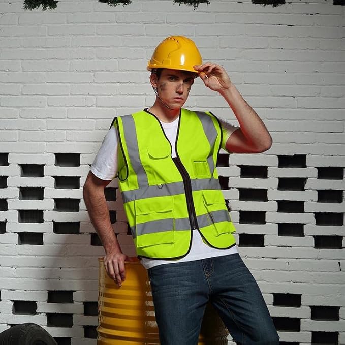BeautyWill Safety Vest Custom Logo Class2 High Visibility Reflective Vest with 5 Pockets Construction Security Work Vest ANSI/ISEA Standards(Yellow,3XL )