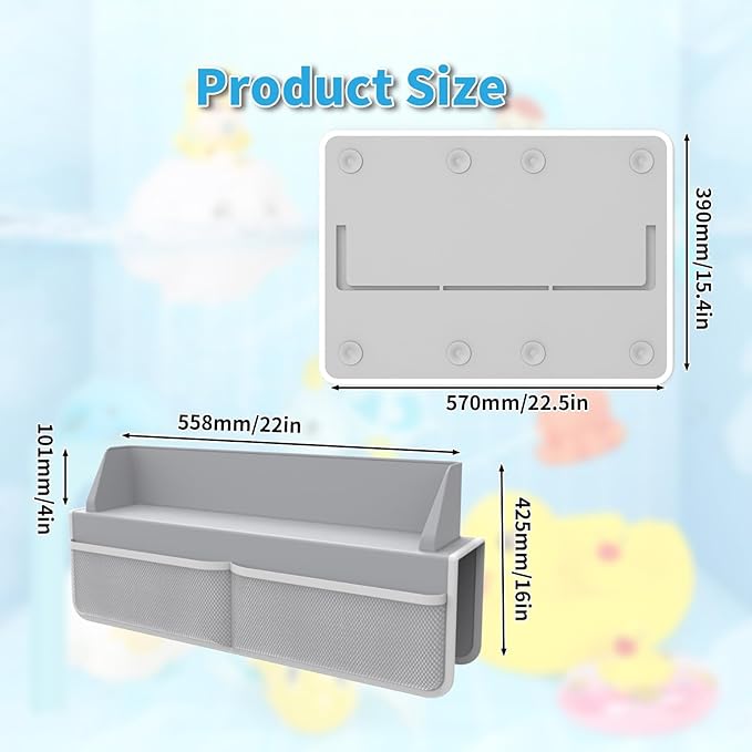 Gray Bathtub Splash Guard with Suction Cups, Waterproof Mesh Toy Organizer for Kids, Bath Toy Storage, Fits Most Tubs, Easy to Clean (Grey)