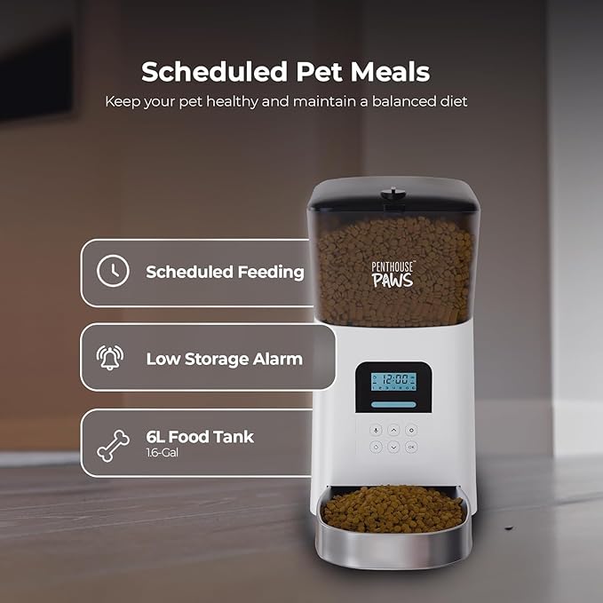 Penthouse Paws® Automatic Pet Feeder 6L, LCD Timed Food Dispenser, Twist-Lock Storage, Anti-Jam, Voice Meal Call, Up to 15 Daily Meals, Battery Backup, White with Stainless Steel Bowl, for Cat & Dog