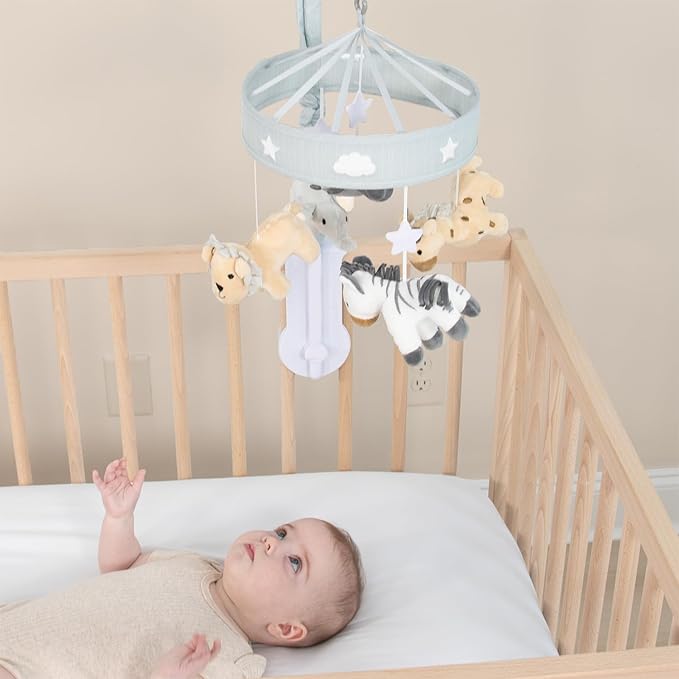 The Peanutshell Crib Mobile for Boys or Girls - Grey Musical Baby Crib Mobile with 12 Lullabies, Lion, Elephant, Zebra, Safari Plush Toys Hanging, Infant Baby Mobile Crib, Safari Nursery Decor
