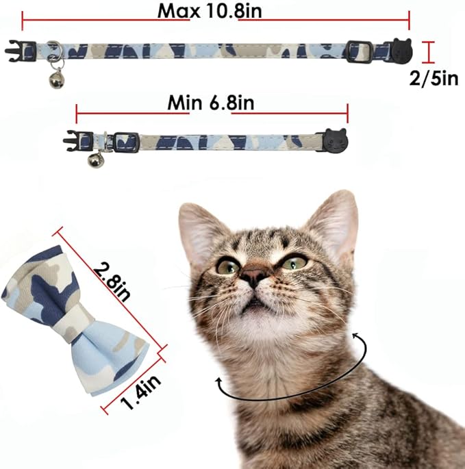 Cat Collar Breakaway with Bell and Bow Tie, Plaid Design Adjustable Safety Kitty Kitten Collars(6.8-10.8in)(Camo 3)