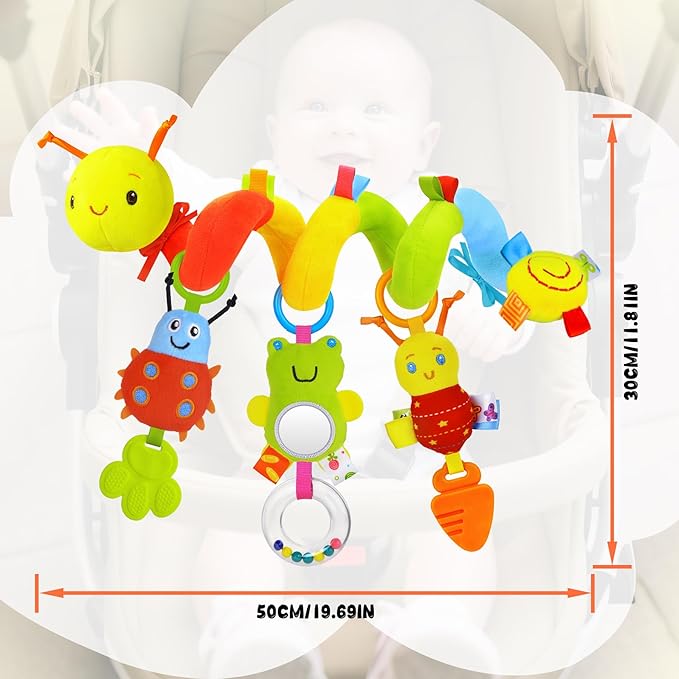 Spiral Car Seat Toys for Infants, 0-6 Months Carseat & Stroller Pram Separable Activity Hanging Toys with Rattle, Teethers, Newborn Soft Plush Travel Toy for Boys Girls Essentials Gifts