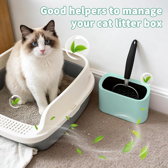 Heavy-Duty Cat Litter Scoop with Holder, Metal Cat Scooper and Detachable Trash Can,Aluminum Kitty Poop Shovel Captures All Clumps,Speed Sifter Litter Box Scooper and Caddy with Lid(Green)