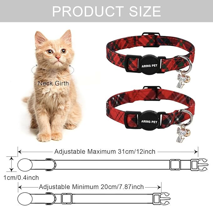ARING PET 2 Pack Christmas Cat Collars-Cute Cat Collar Breakaway with Bell&Pendant, Adjustable Christmas Plaid Kitten Collars with Safety Buckle for Girl and Boy Cats