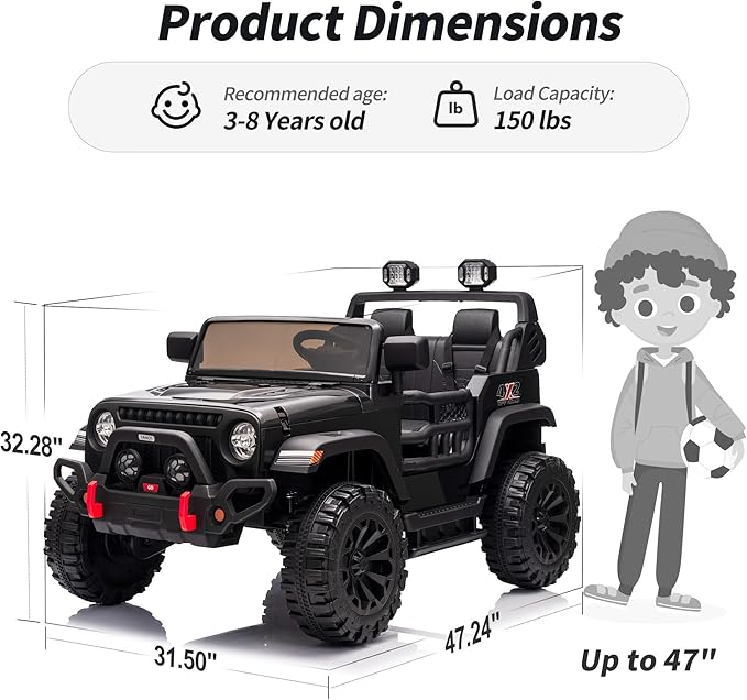 2 Seater Ride on Car Truck, 12V Kids Electric Ride on Toy for Big Kids Age 3-8 w/Remote Control- Black