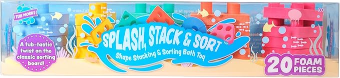 Tub Works® Splash, Stack & Sort™ Shape Sorter & Stacking Toddler Bath Toy | 20 Foam Pieces | Color Sorting & Shape Stacking Kids Bath Toys | Floats & Sticks to Tub Walls | Early Learning Bathtub Toys
