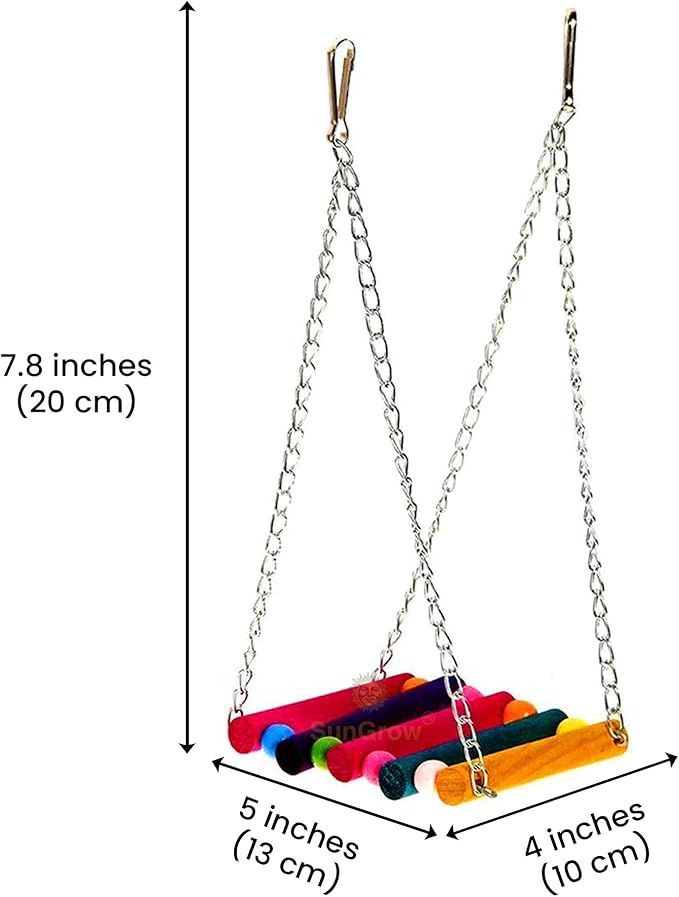SunGrow Parrot Bird Swing Wooden Perch, Hanging Cage Accessory, Metal Chain Clasp, Colorful Bead Bar Design, Climb Ladder Hammock Setup, Indoor Mount System for Small Medium Pet Type Conure Parakeet