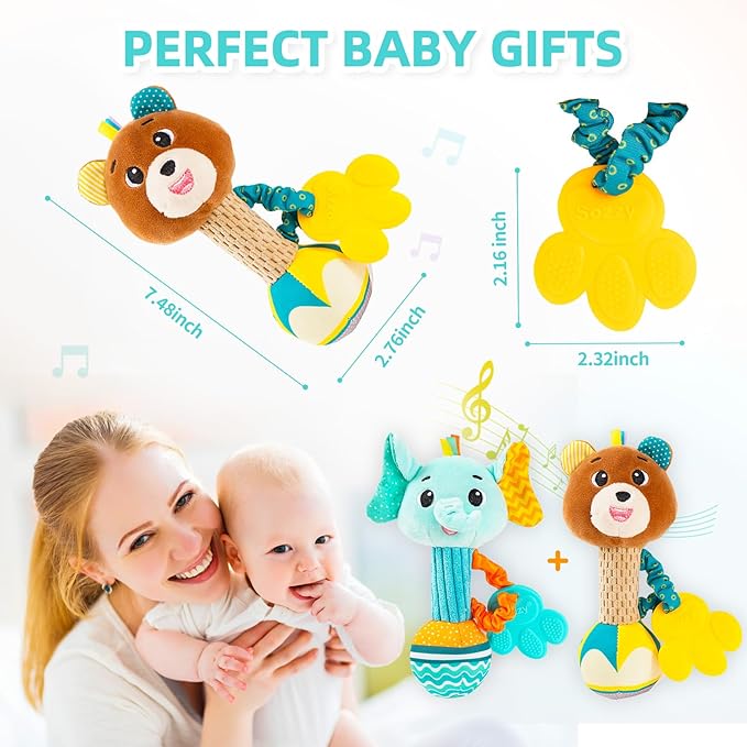 Baby rattles 0-6 months, Set of 2 rattles for babies 0-6 months, Soft Stuffed Animal Rattle Hand Grip Baby Toys, baby rattle Shaker Crinkle Squeaky Sensory Travel Accessories for 0 3 6 9 12 Months old