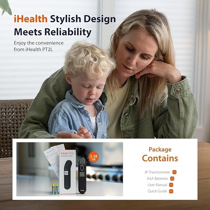 iHealth Touchless Thermometer for Adults and Kids, FSA/HSA Eligible, Color-Coded Alert & Silent Mode, 1-Second Accurate Fever Check, Portable for Home, Travel Use - PT2L Black