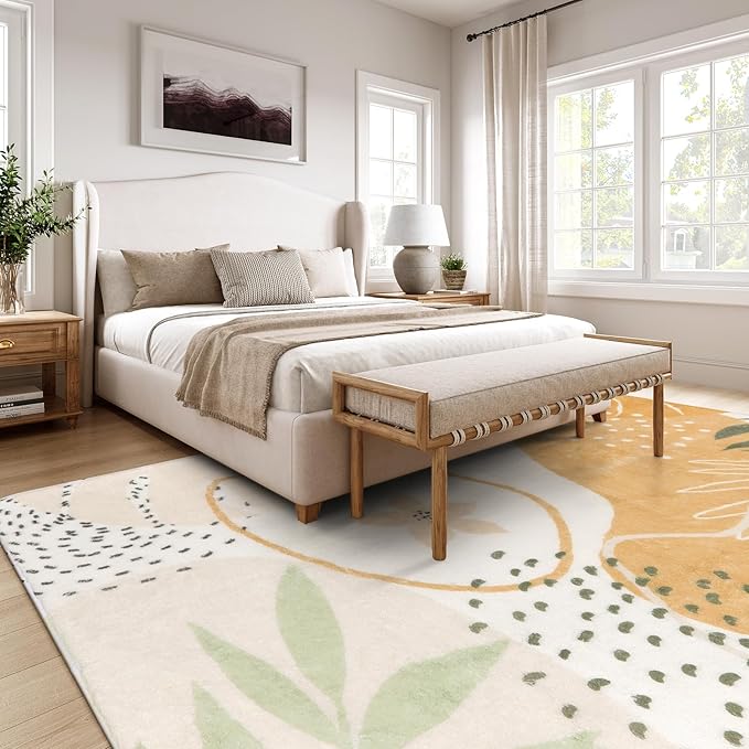 Lahome Boho Area Rugs for Living Room 9x12 - Washable Non-Slip Large Rug for Dining Room, Ultra-Thin Neutral Taupe Botanical Print Soft Carpet for Bedroom Nursery