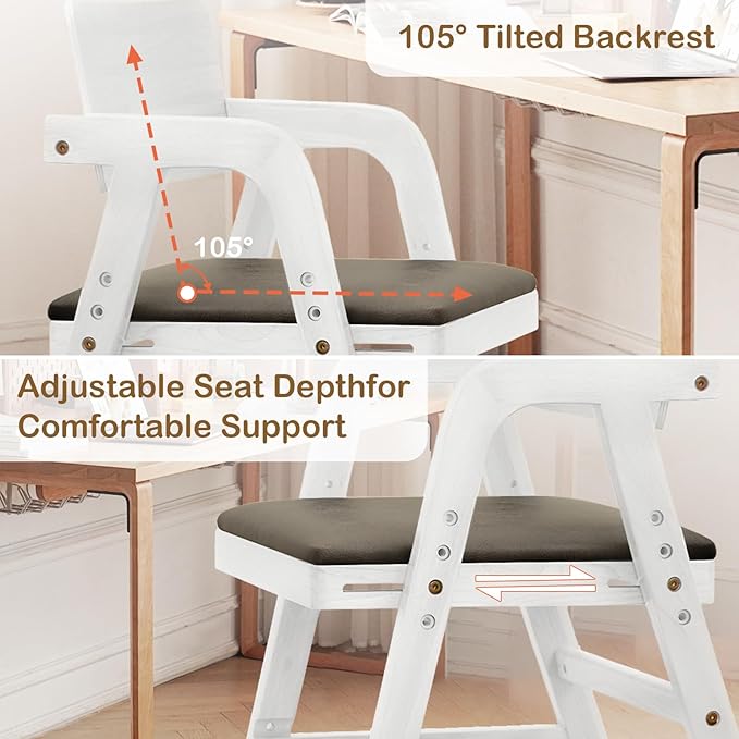 Solid Wood High Chair for Toddlers to Teens, Adjustable Height Toddler Dining Chair, Easy to Clean Toddler Highchair with Removable PU Cushion for Dining, Studying, Step Tool, White