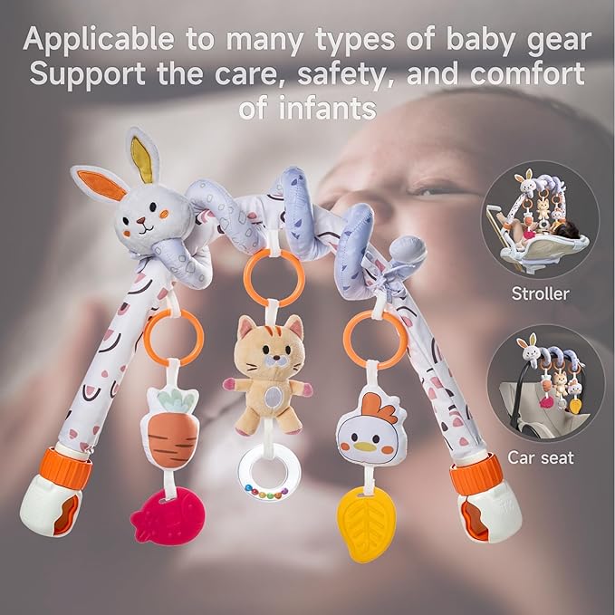 TUMAMA 2 in 1 Spiral Car Seat Toys for Babies 6-12 Months, Arch Stroller Toys for Infant 0-12 Months Hanging Toys with Clip Bouncer Bassinet Activity Toy