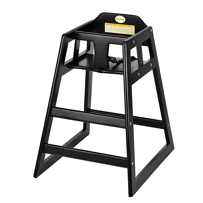 Alpine Wooden High Chairs for Babies and Toddlers with Safety Strap, Commercial Grade Restaurant High Chair, Durable Wood Space Saver Baby Feeding Chair, Ideal for Dining Spaces (2 Pack, Black)